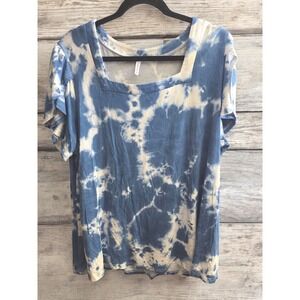 TAOHUADAO Top Womens PLus Size 3XL XXX Blue White Tie Dye Shirt Short Sleeve